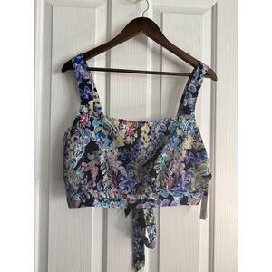 Aqua Floral Crop Top Womens Large Tie Front Ruffle Button Boho NWT